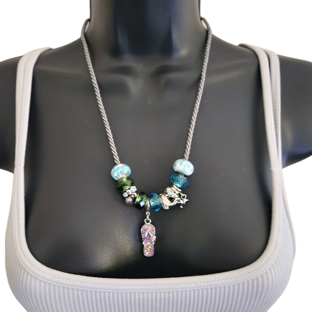 Beachy Necklace Flip Flop and Dolphin with Glass Beads  Green/Blue 22" Inches